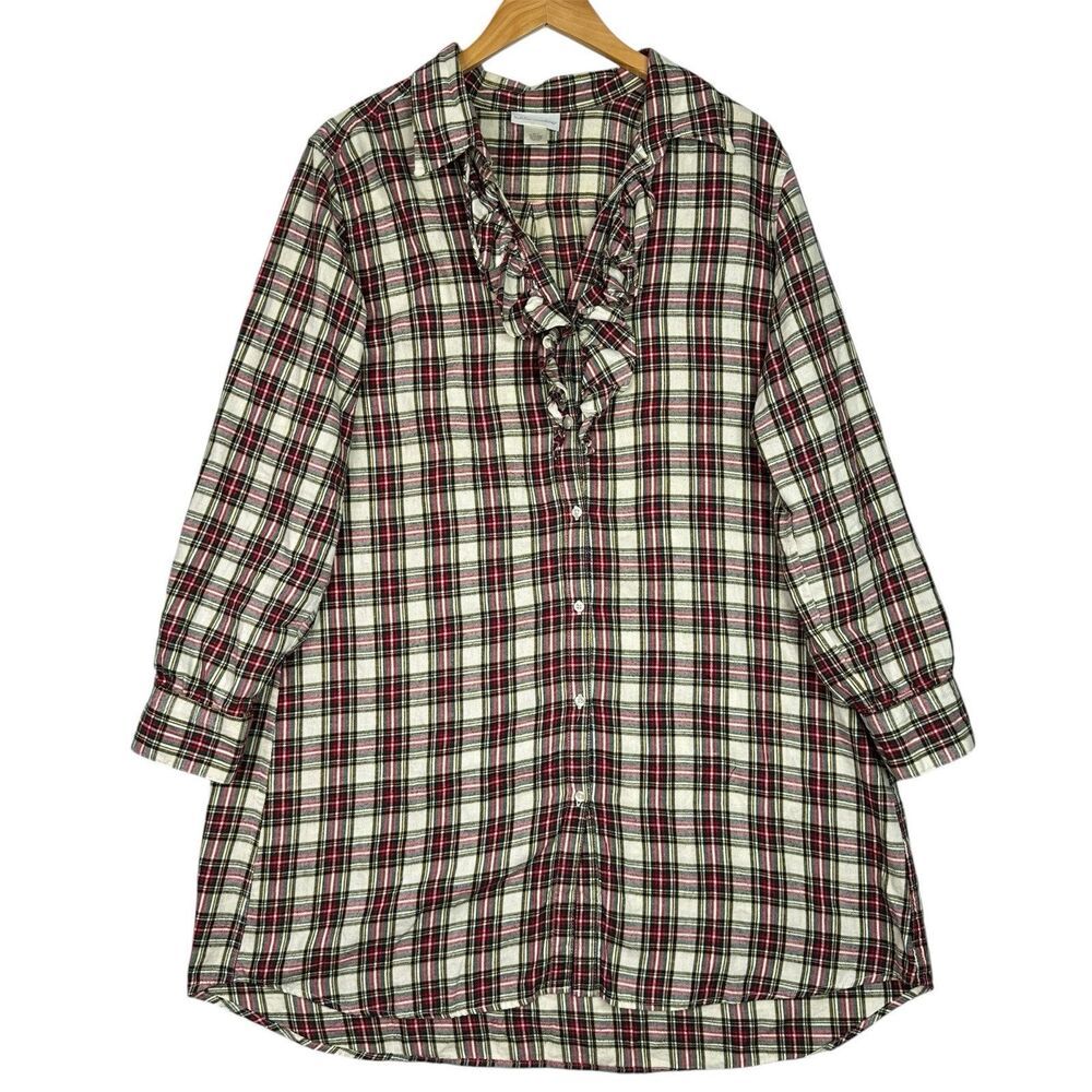 Soft Surroundings Plaid Ruffle Tunic Top Large 100% Cotton Button‎ Front